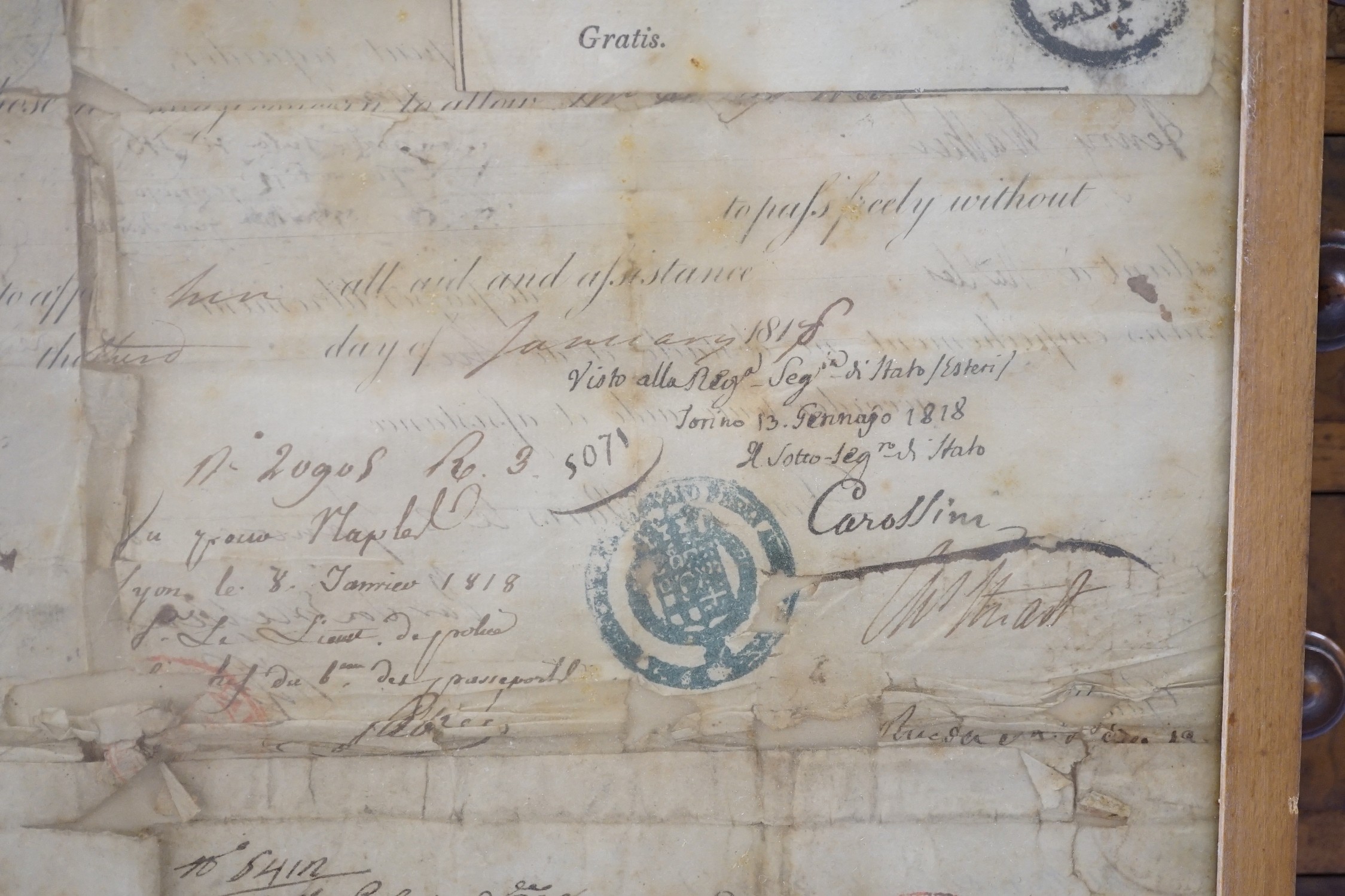 A framed quantity of historical ambassadorial documents relating to The right honourable Charles Stewart KCB, including passports relating for Paris and Rome c.1818